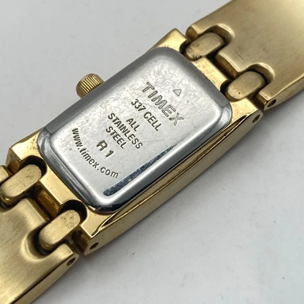 Timex Women's Tank Watch 17mm Gold Tone Crystals Petite New Battery 6.25